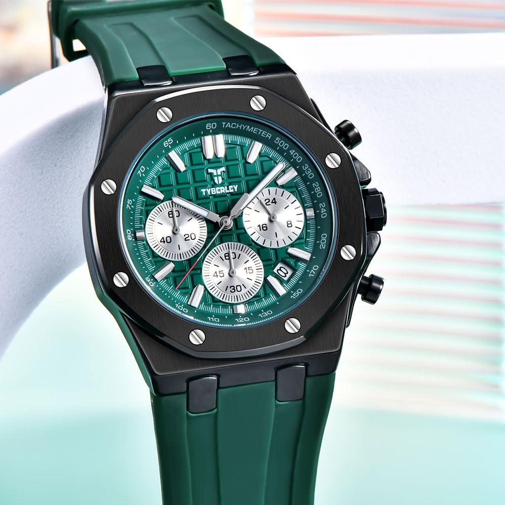 Men's Quartz Chronograph Watch 41MM Waterproof Rubber Strap Luminous F98419