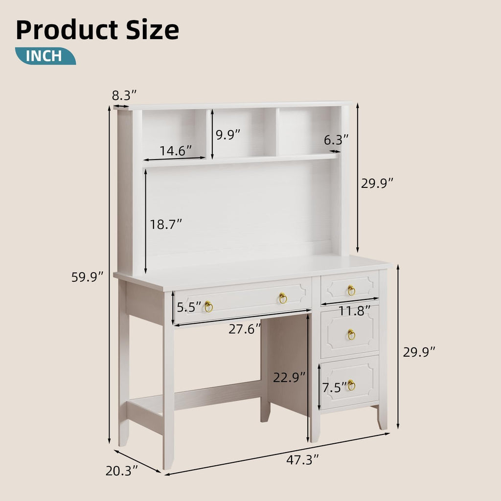 47" White and Gold Desk with Hutch and 4 Drawers X15545