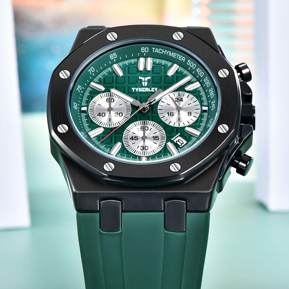 Men's Quartz Chronograph Watch 41MM Waterproof Rubber Strap Luminous F98419