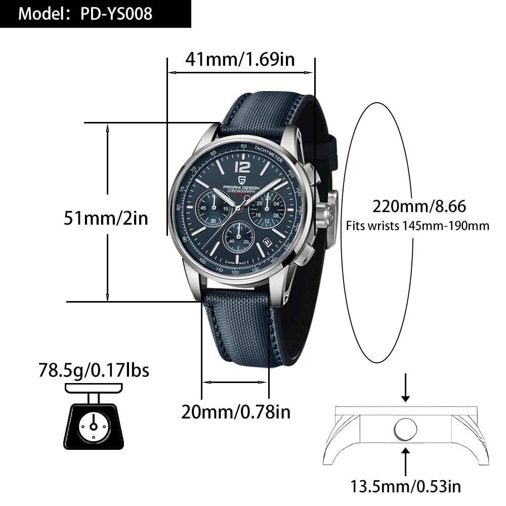 Men's Quartz Chronograph Watch, 100M Water Resistant Stainless Steel, Sapphire Glass, Nylon Strap E169