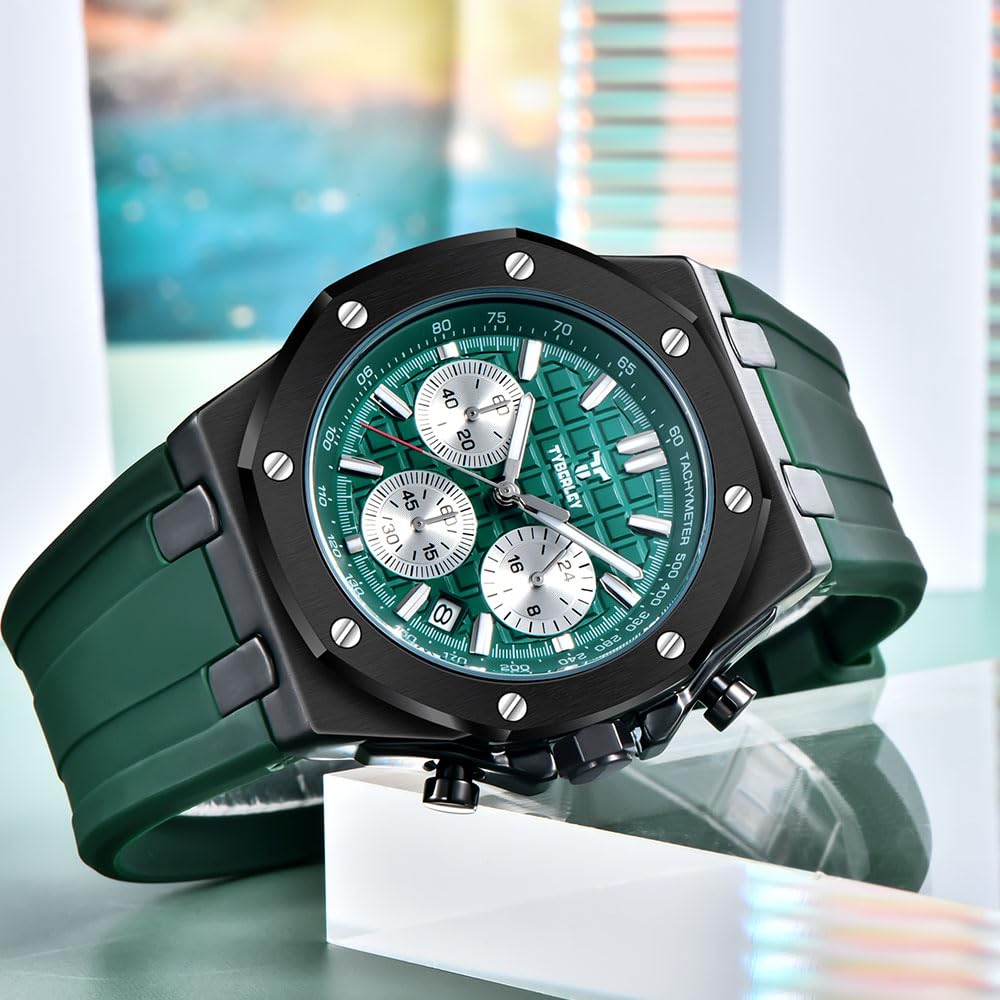 Men's Quartz Chronograph Watch 41MM Waterproof Rubber Strap Luminous F98419