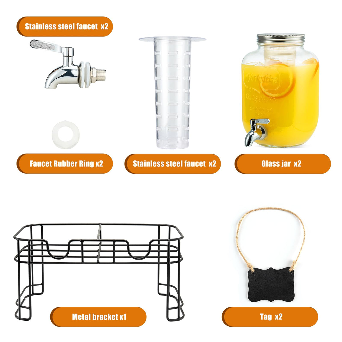 1 Gallon Glass Beverage Dispenser with Stand, Ice Cylinder and Stainless Steel Spigot, 2 Pack I52313
