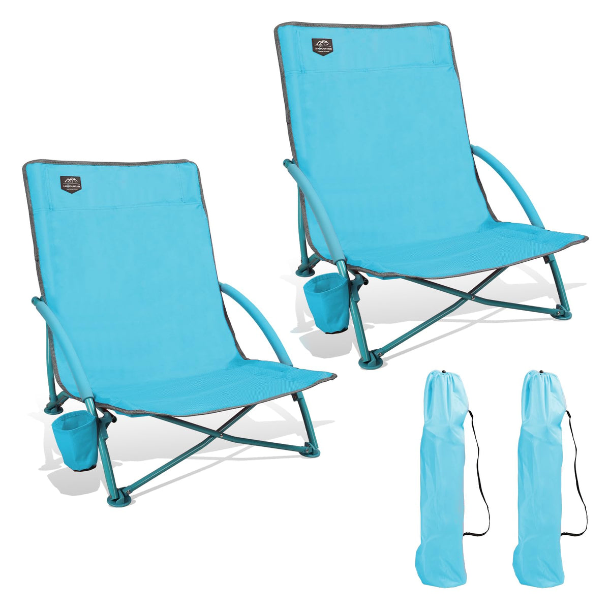 2 Pack Blue Low Beach Chair with Cup Holder and Carry Bag V6662