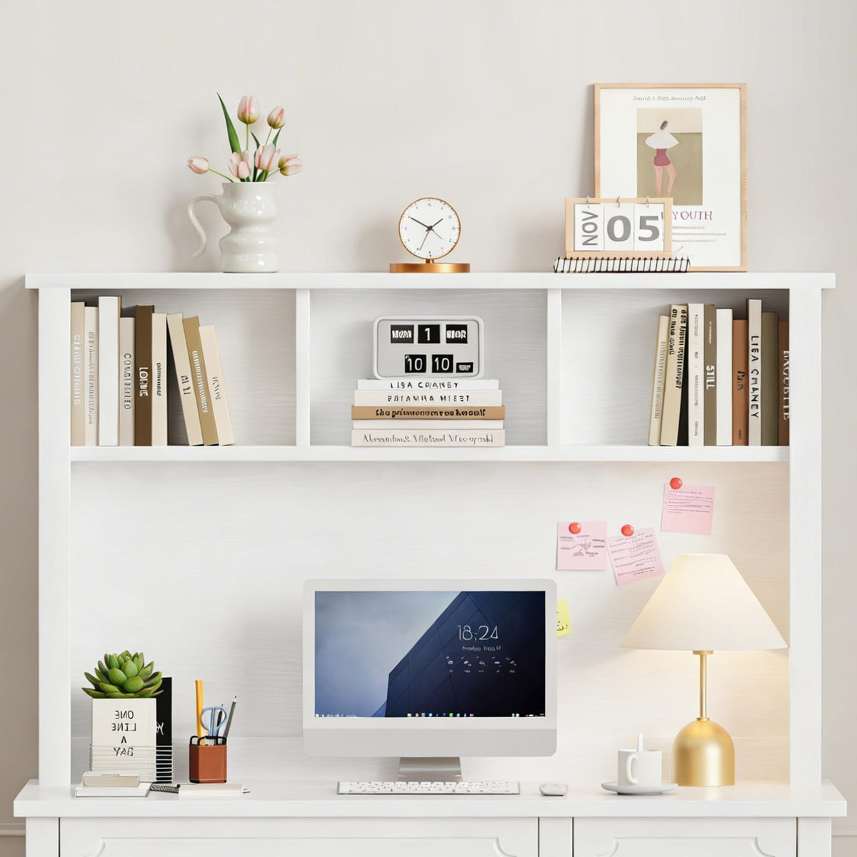 47" White and Gold Desk with Hutch and 4 Drawers X15545