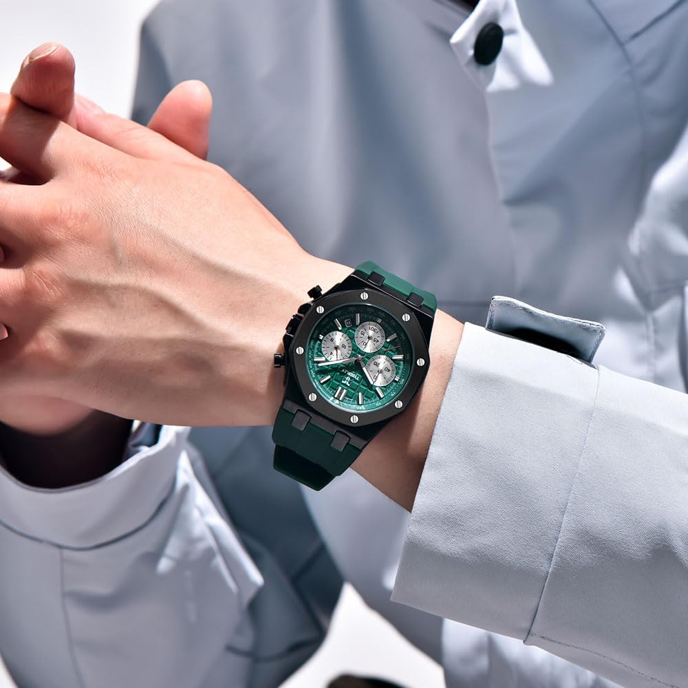 Men's Quartz Chronograph Watch 41MM Waterproof Rubber Strap Luminous F98419