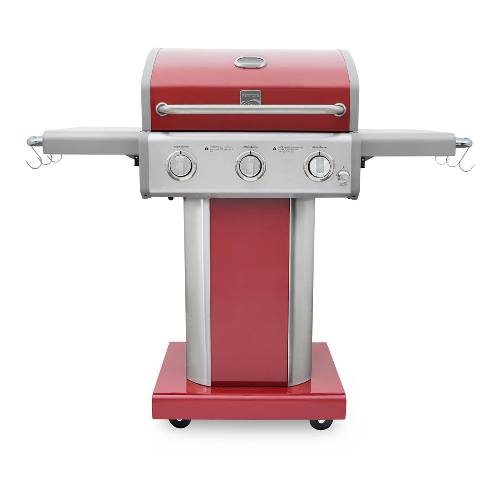 3-Burner Liquid Propane Gas Grill with Folding Sides, Wheels, 30000 BTU, Red P284