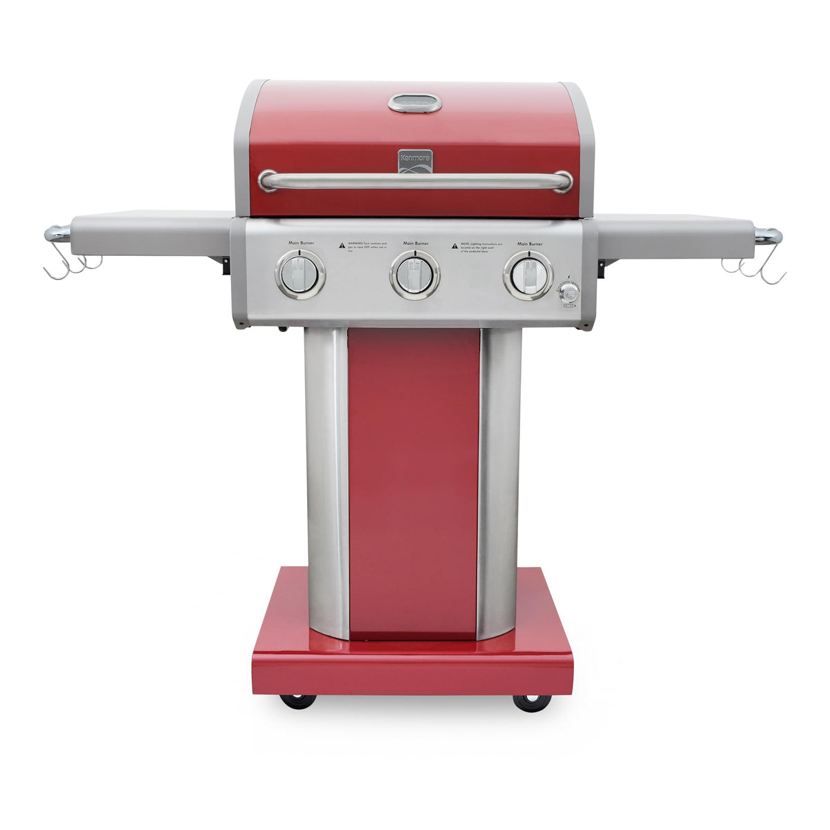3-Burner Liquid Propane Gas Grill with Folding Sides, Wheels, 30000 BTU, Red P284