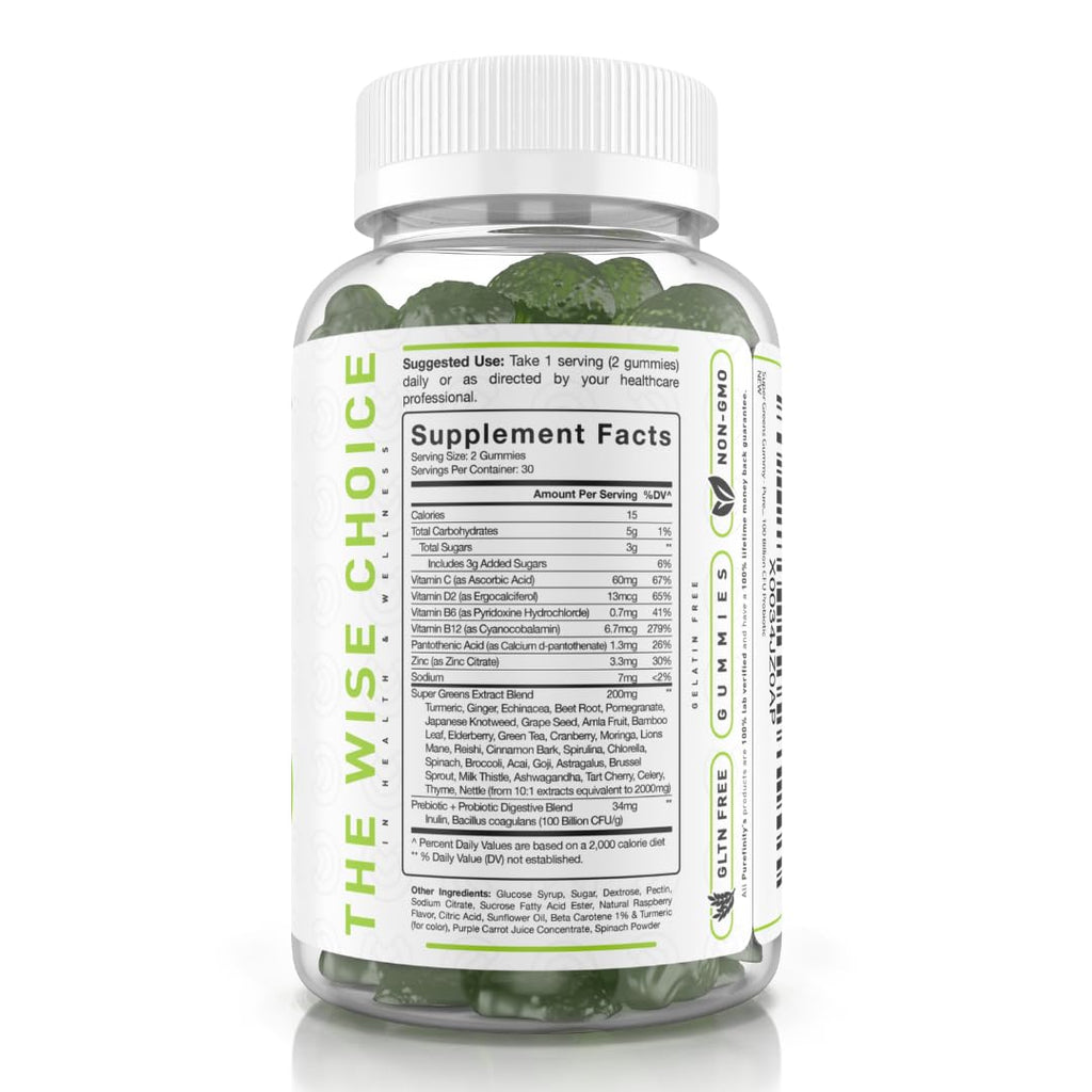 Super Greens Gummies with Spirulina, Spinach, Broccoli, Beet Root, Acai, Vegan, 60 Count Z222