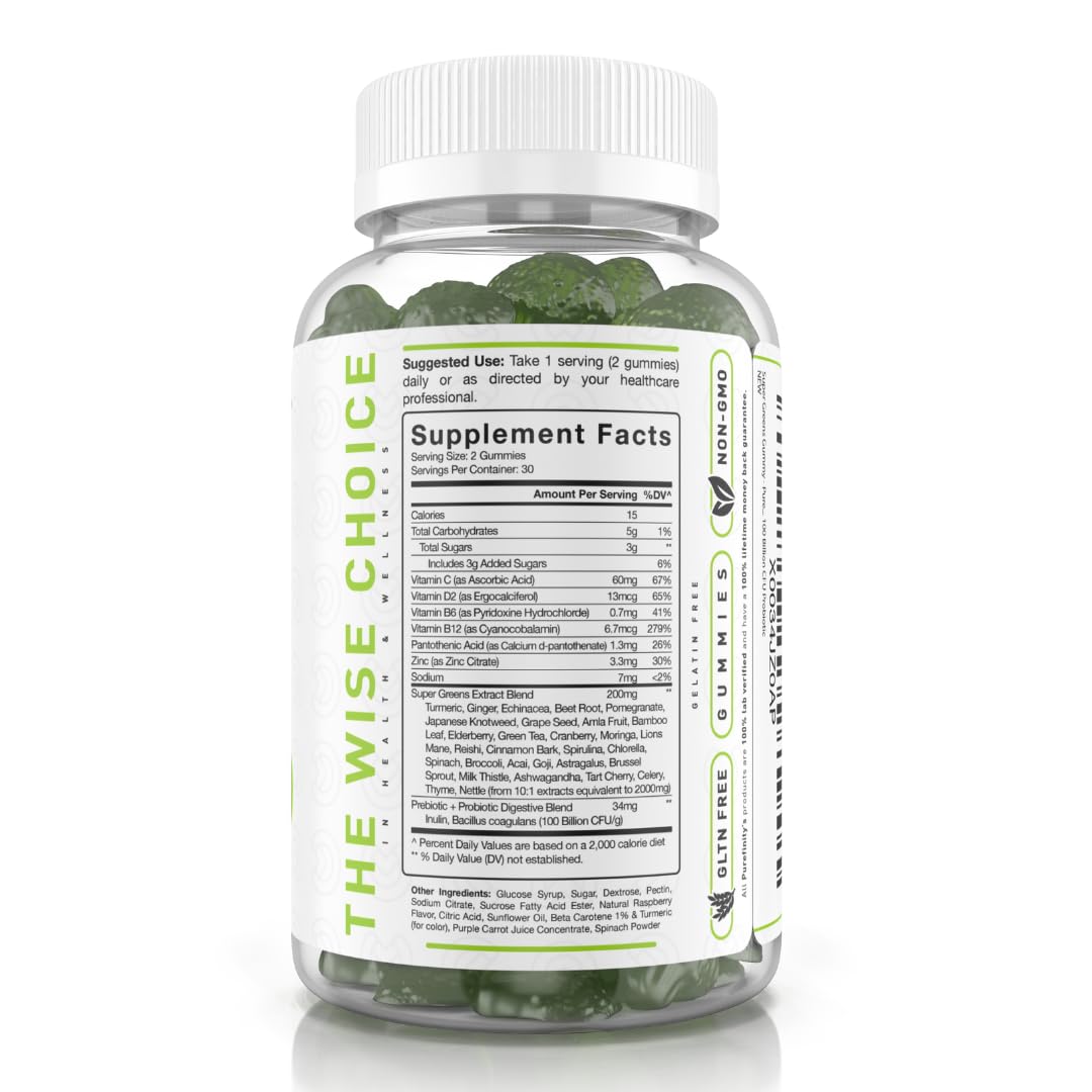 Super Greens Gummies with Spirulina, Spinach, Broccoli, Beet Root, Acai, Vegan, 60 Count Z222