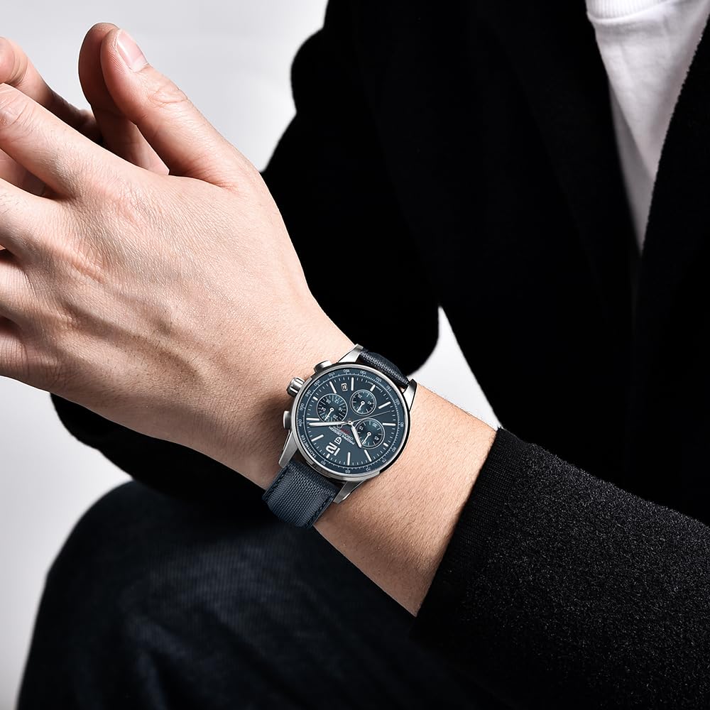 Men's Quartz Chronograph Watch, 100M Water Resistant Stainless Steel, Sapphire Glass, Nylon Strap E169
