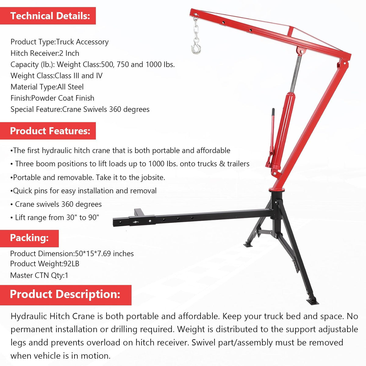 Hydraulic Pickup Truck Crane 360° Swivel 2-Inch Hitch Receiver 1000 Lbs Q658