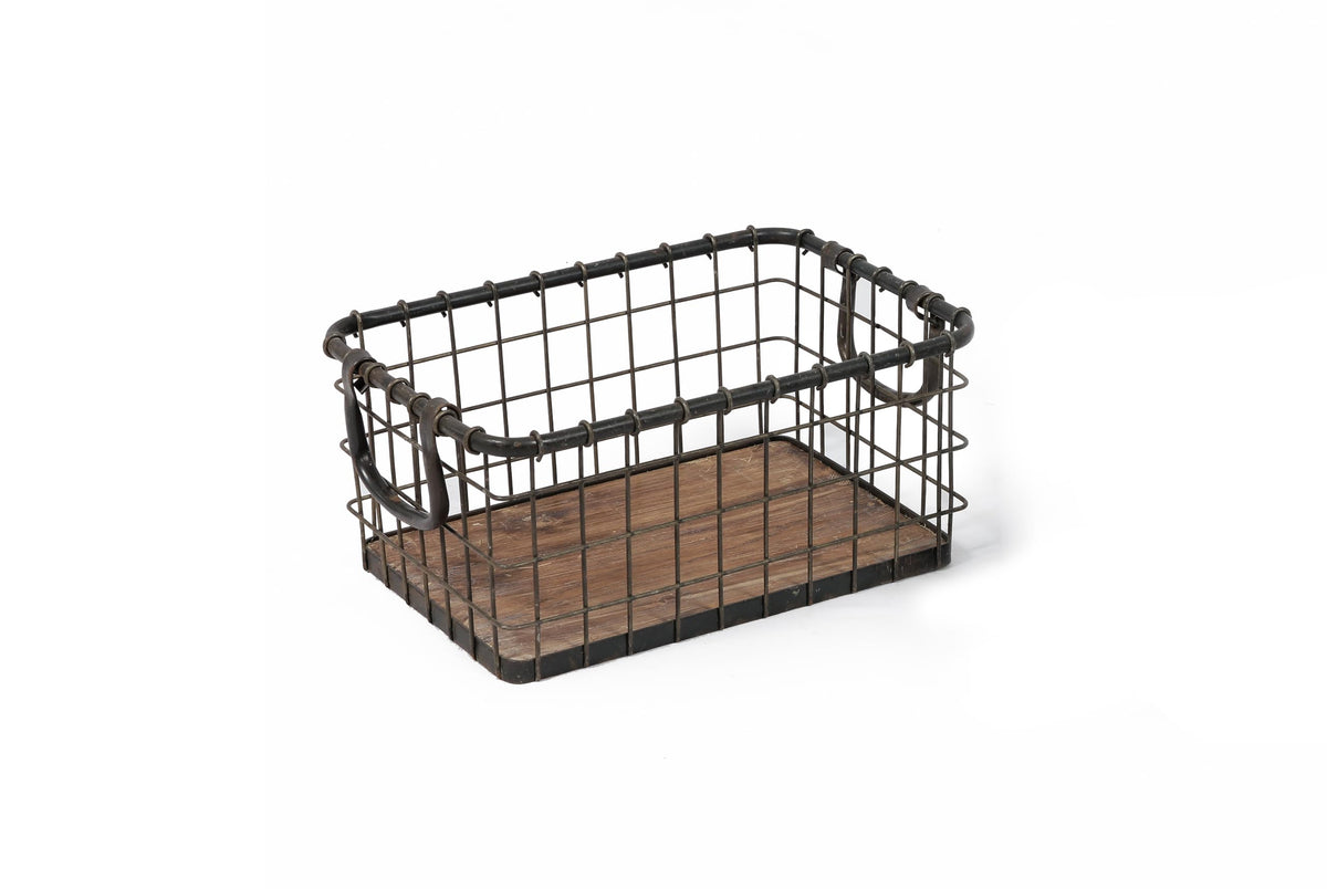 13.8" Wide Rectangular Metal Wire Basket with Wooden Bottom D484