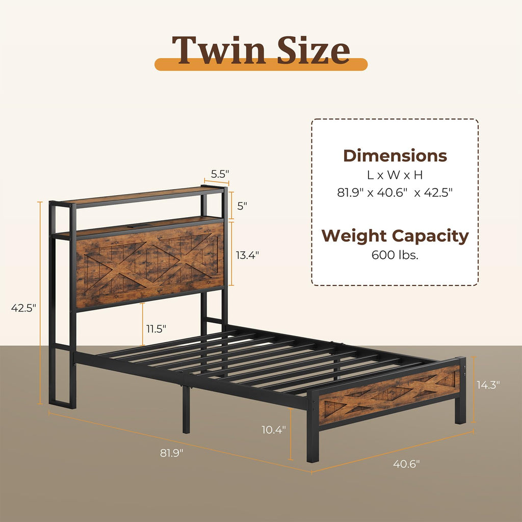 Twin Metal Bed Frame with Storage Headboard G4583