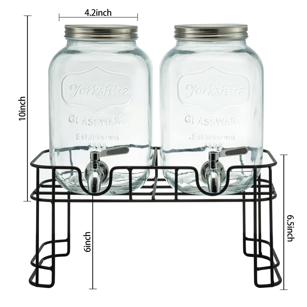 1 Gallon Glass Beverage Dispenser with Stand, Ice Cylinder and Stainless Steel Spigot, 2 Pack I52313