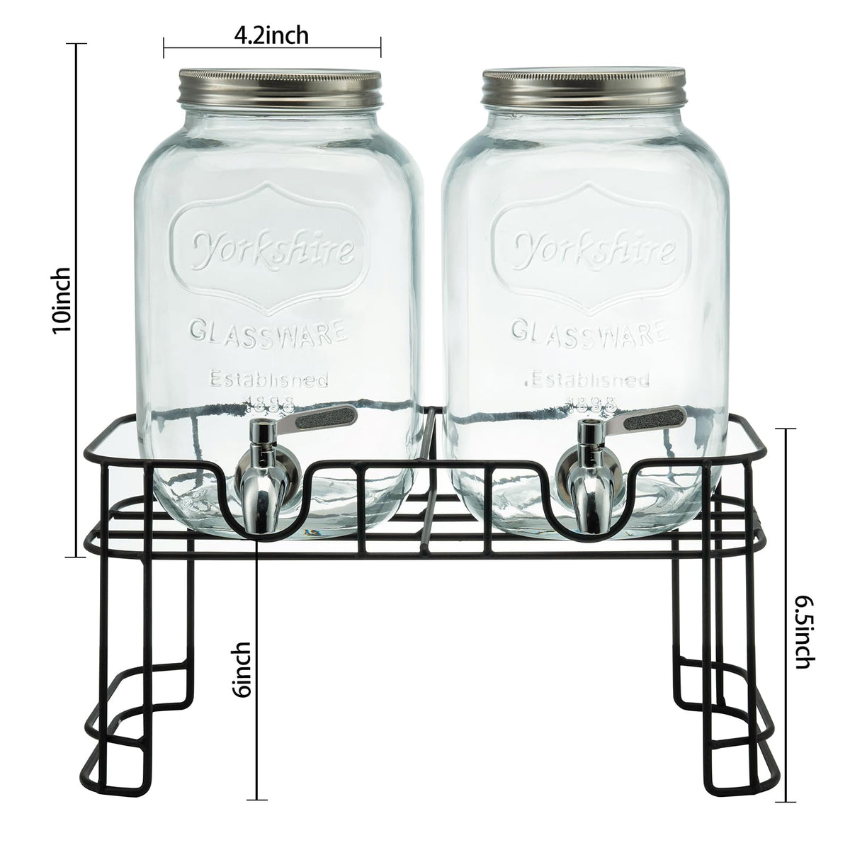 1 Gallon Glass Beverage Dispenser with Stand, Ice Cylinder and Stainless Steel Spigot, 2 Pack I52313