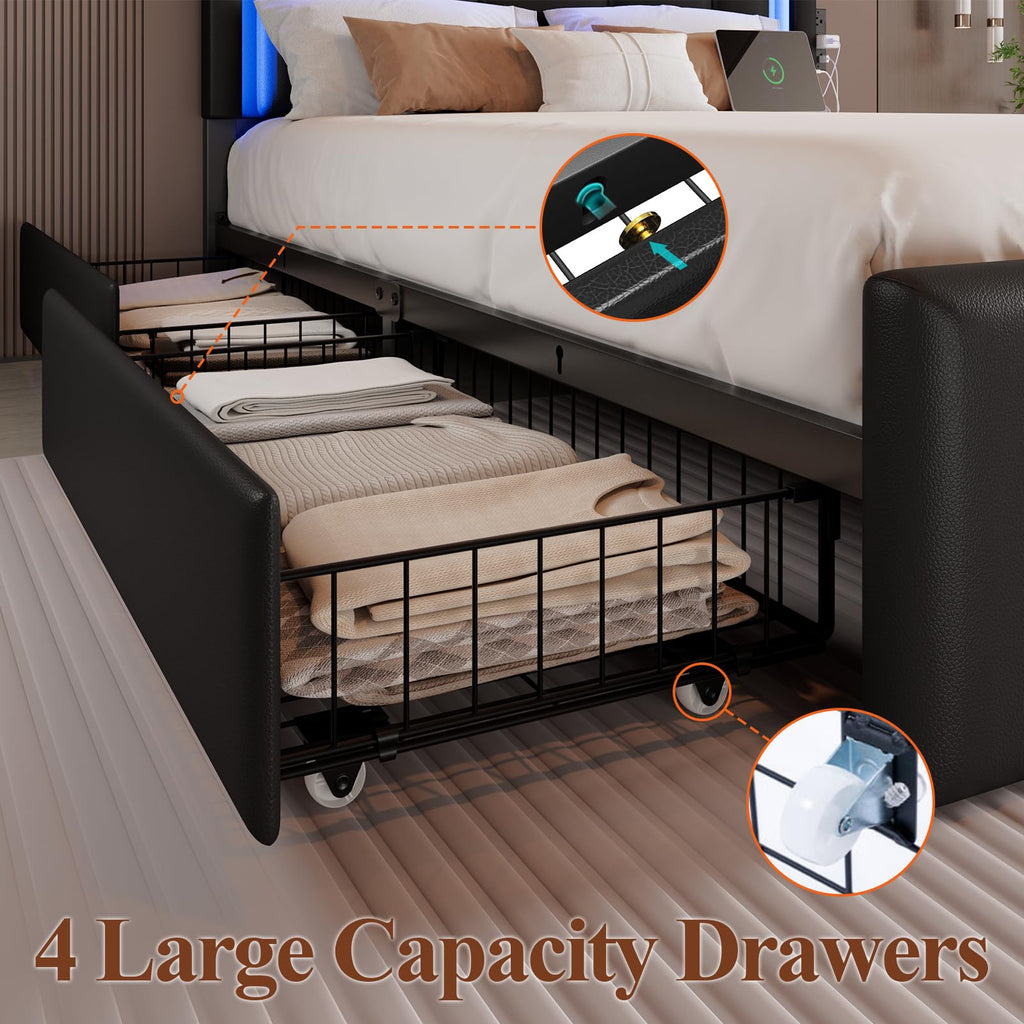 Full Size Bed Frame with LED Lights and Storage Drawers, Black R2490