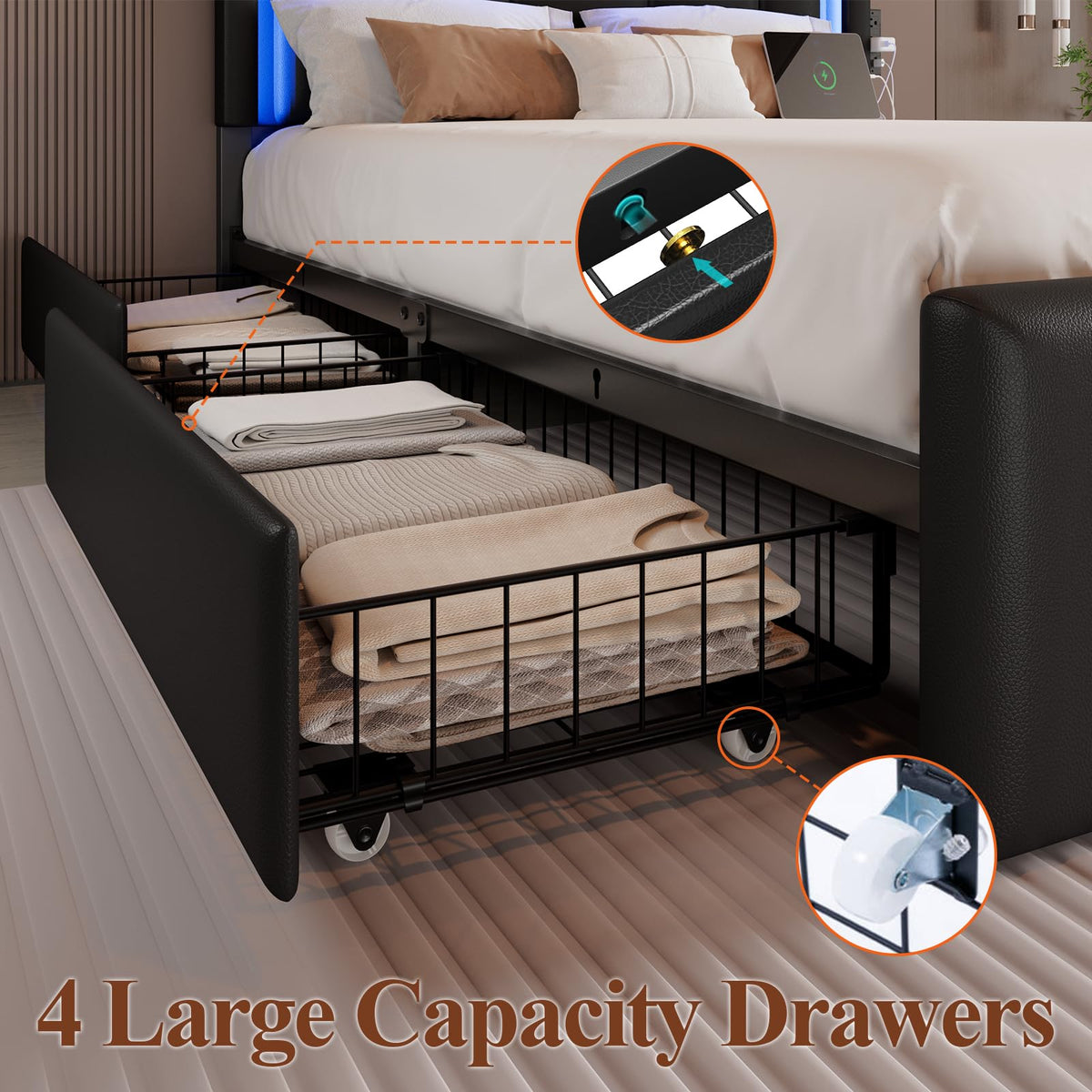 Full Size Bed Frame with LED Lights and Storage Drawers, Black R2490