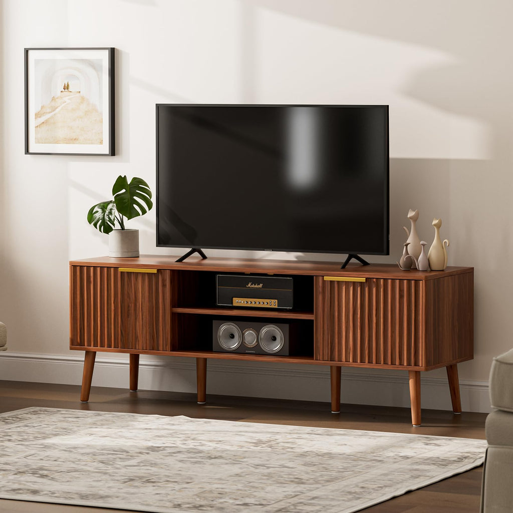 Walnut TV Stand with Fluted Doors D9174