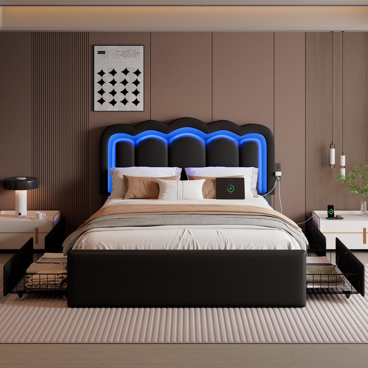 Full Size Bed Frame with LED Lights and Storage Drawers, Black R2490