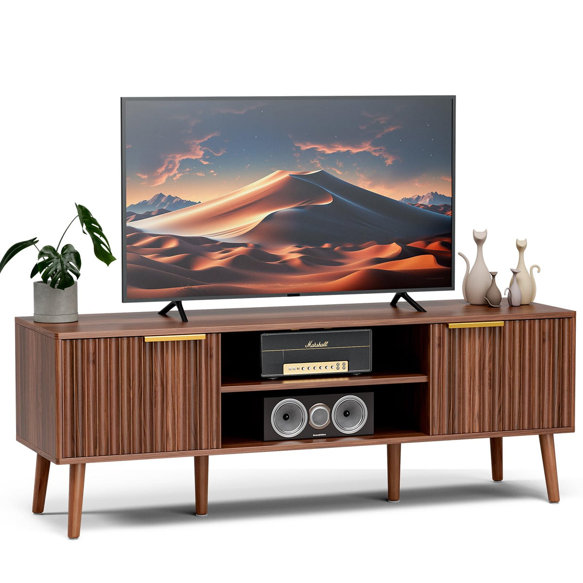 Walnut TV Stand with Fluted Doors D9174