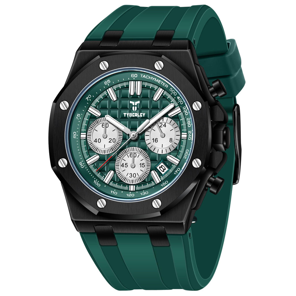 Men's Quartz Chronograph Watch 41MM Waterproof Rubber Strap Luminous F98419