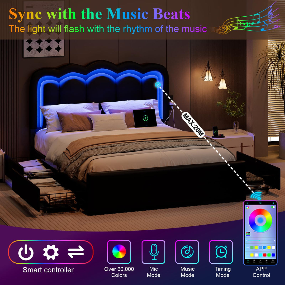 Full Size Bed Frame with LED Lights and Storage Drawers, Black R2490