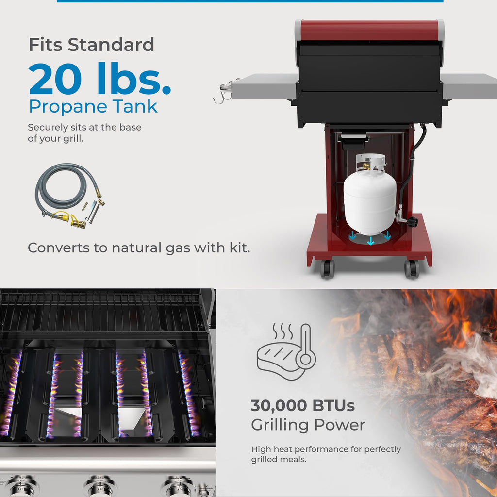 3-Burner Liquid Propane Gas Grill with Folding Sides, Wheels, 30000 BTU, Red P284