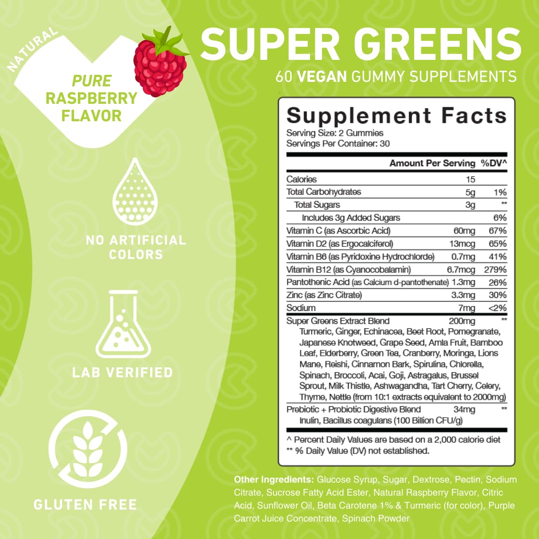 Super Greens Gummies with Spirulina, Spinach, Broccoli, Beet Root, Acai, Vegan, 60 Count Z222