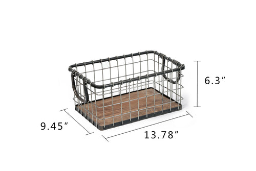 13.8" Wide Rectangular Metal Wire Basket with Wooden Bottom D484