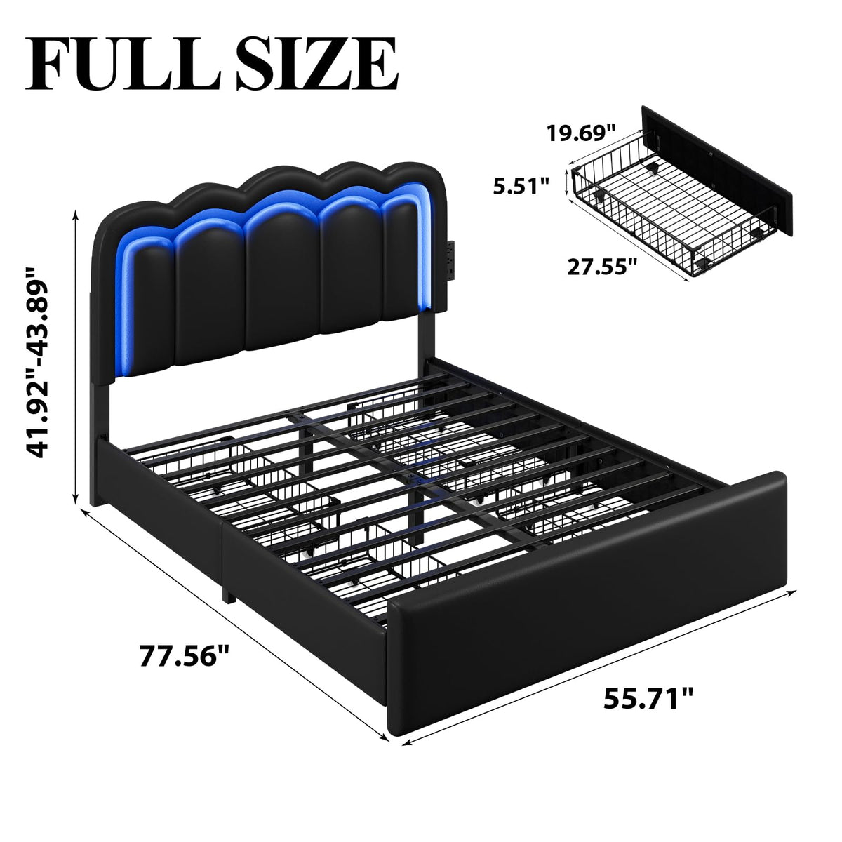 Full Size Bed Frame with LED Lights and Storage Drawers, Black R2490