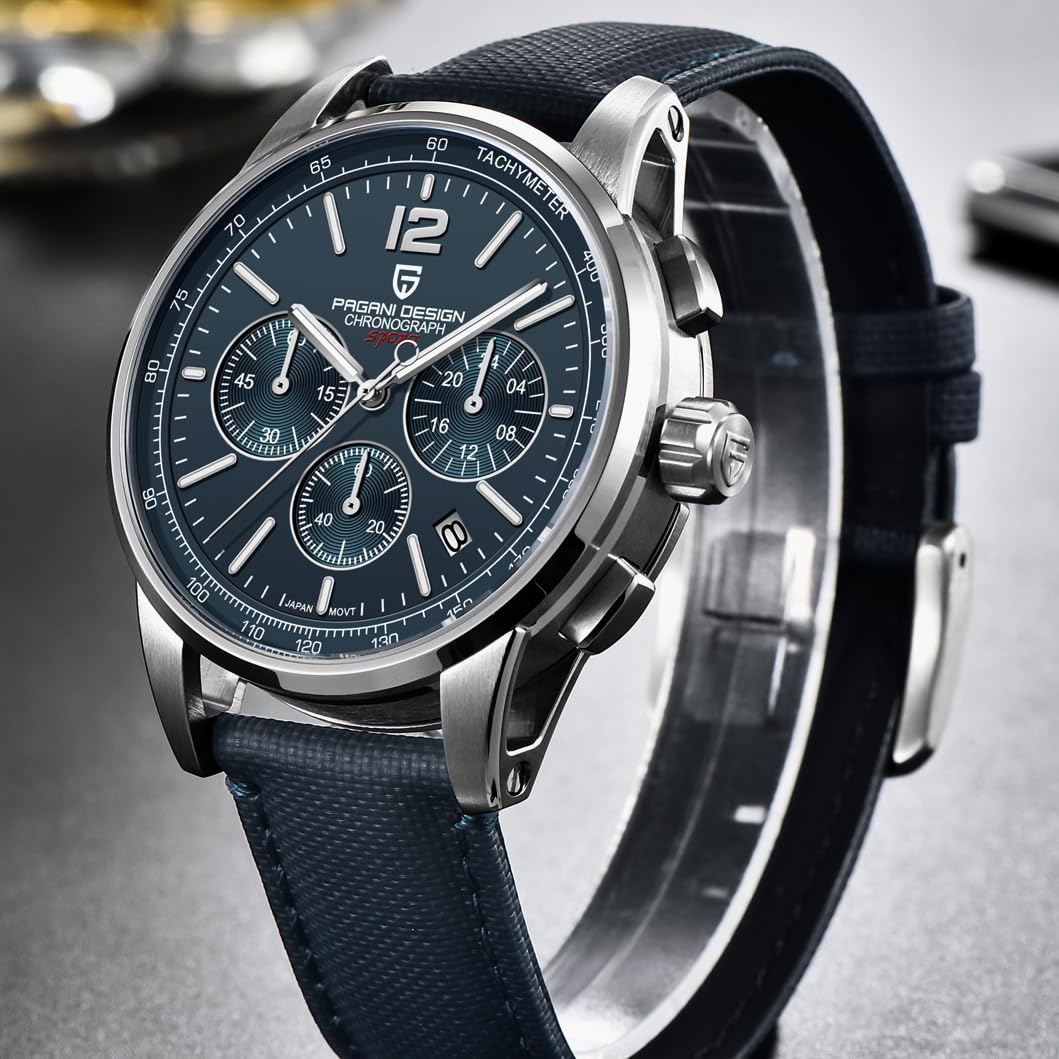 Men's Quartz Chronograph Watch, 100M Water Resistant Stainless Steel, Sapphire Glass, Nylon Strap E169