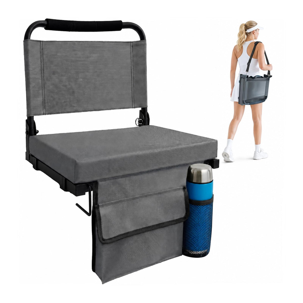 Folding Bleacher Seat with Back Support, Cushion and Shoulder Strap M9682