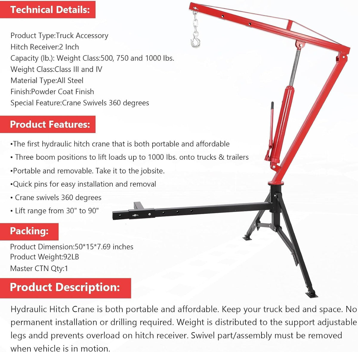 Hydraulic Pickup Truck Crane, 1000 Lbs Capacity, 360° Swivel, Red V721876