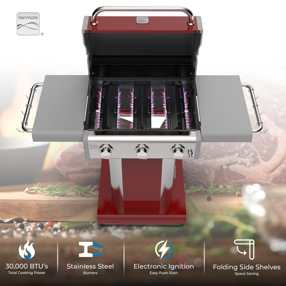 3-Burner Liquid Propane Gas Grill with Folding Sides, Wheels, 30000 BTU, Red P284