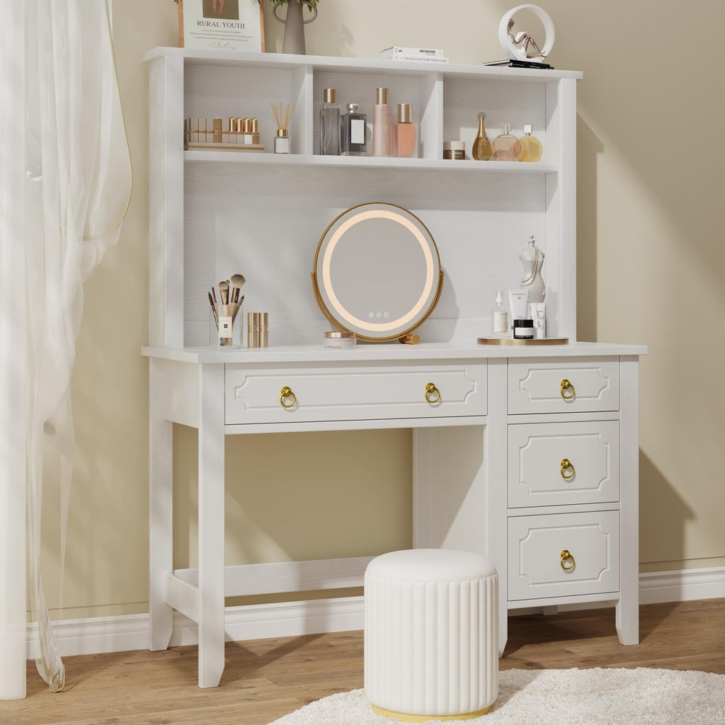 47" White and Gold Desk with Hutch and 4 Drawers X15545