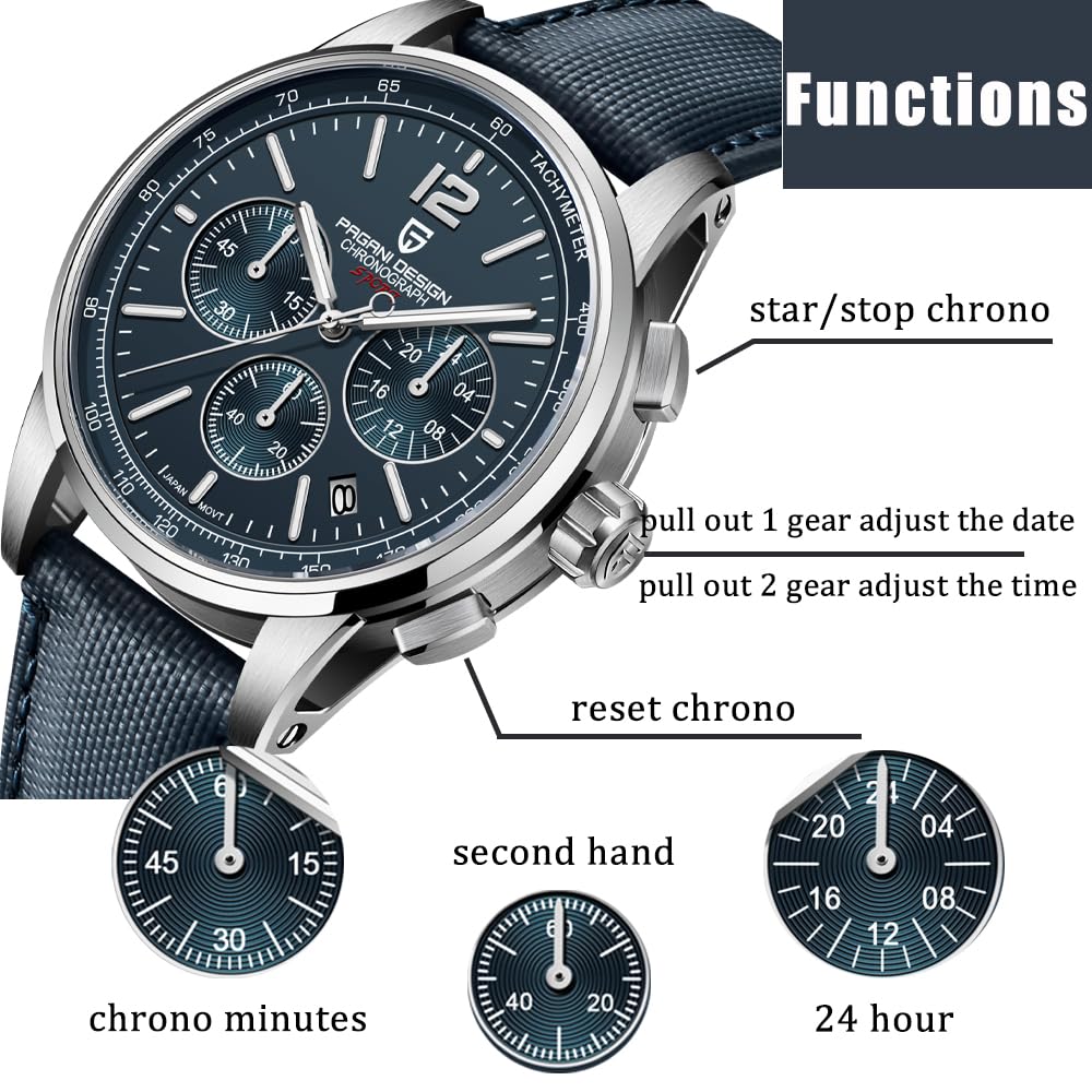 Men's Quartz Chronograph Watch, 100M Water Resistant Stainless Steel, Sapphire Glass, Nylon Strap E169