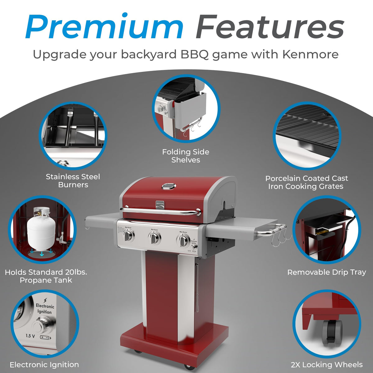 3-Burner Liquid Propane Gas Grill with Folding Sides, Wheels, 30000 BTU, Red P284