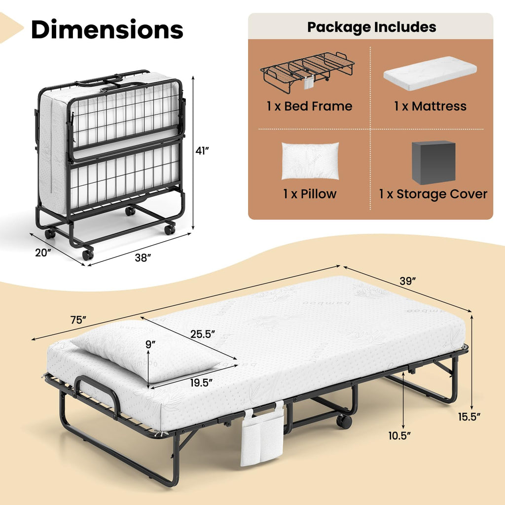 Twin Folding Bed with 5 Inch Mattress and Metal Frame A2631