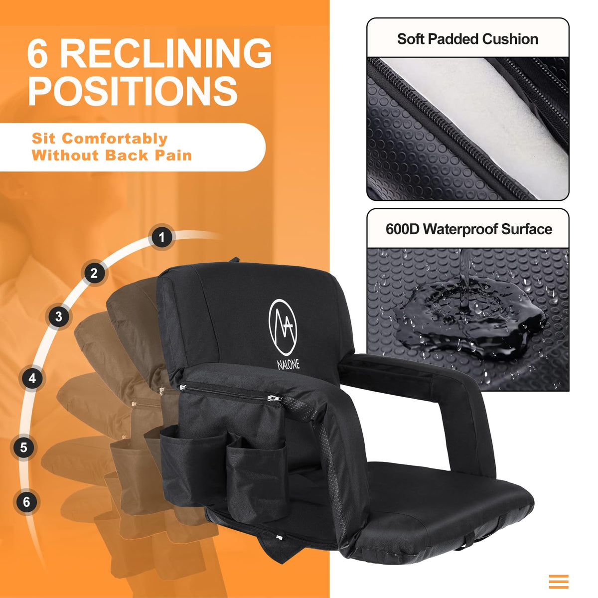 Folding Stadium Seat Set of 2, 25 inch Wide Black H619