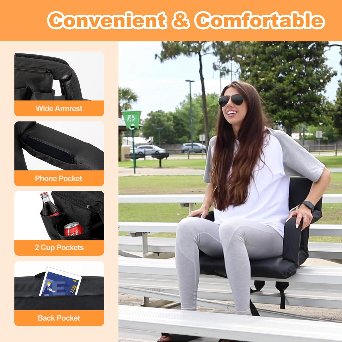 Folding Stadium Seat Set of 2, 25 inch Wide Black H619