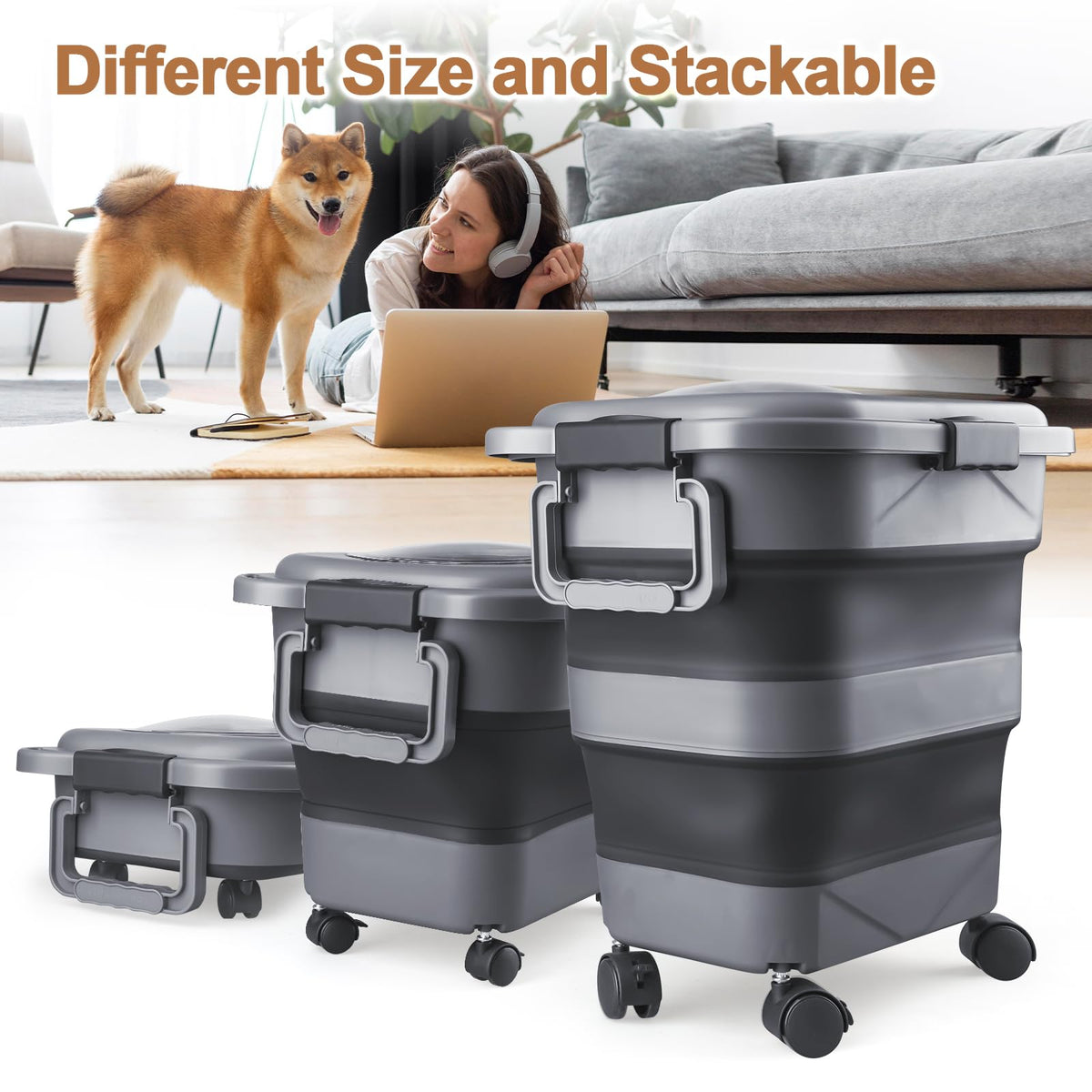 2 Pack 25 lbs Airtight Collapsible Dog Food Storage Container with Wheels V995