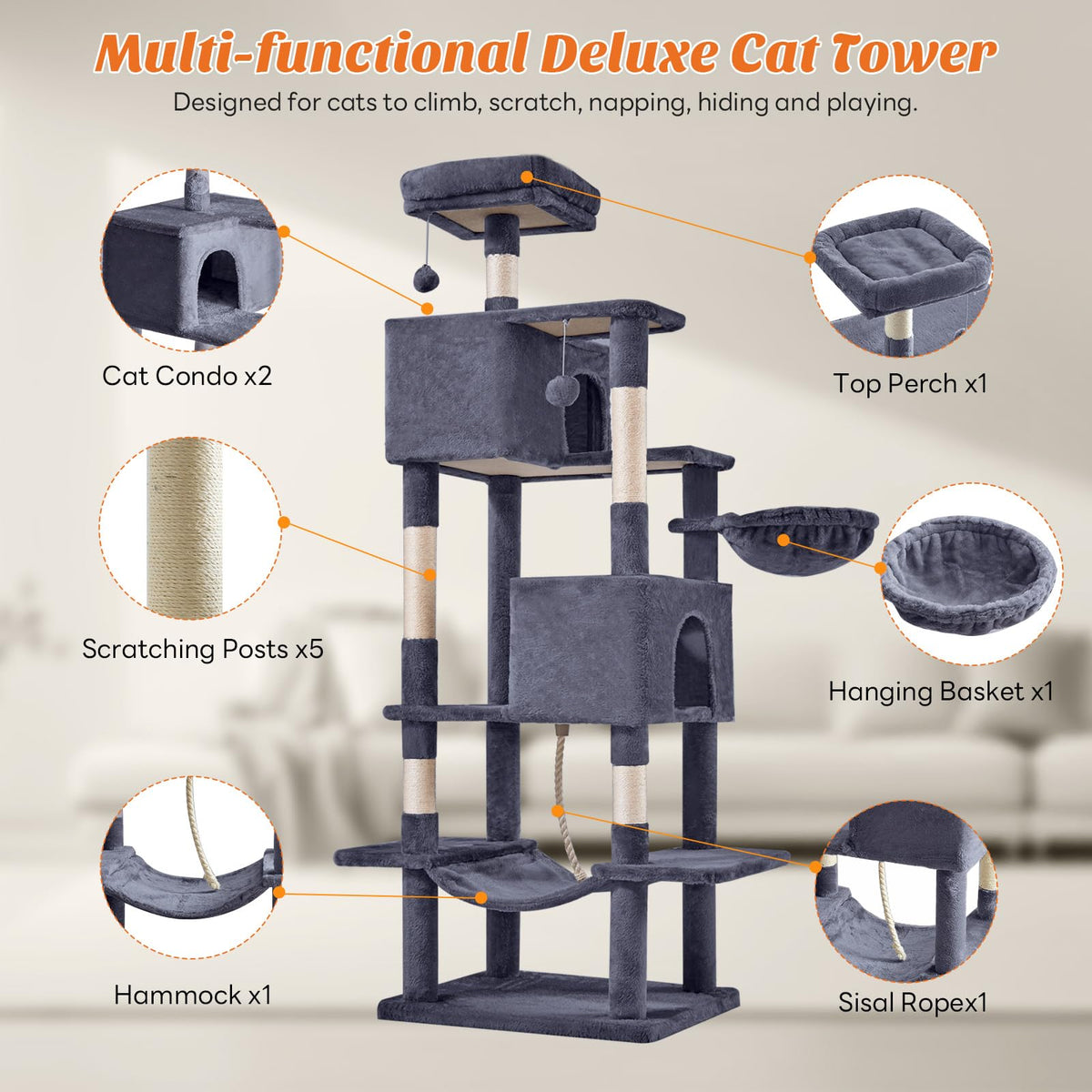66 Inch Cat Tree Tower with Scratching Posts A623