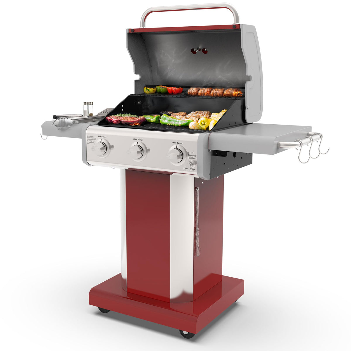 3-Burner Liquid Propane Gas Grill with Folding Sides, Wheels, 30000 BTU, Red P284