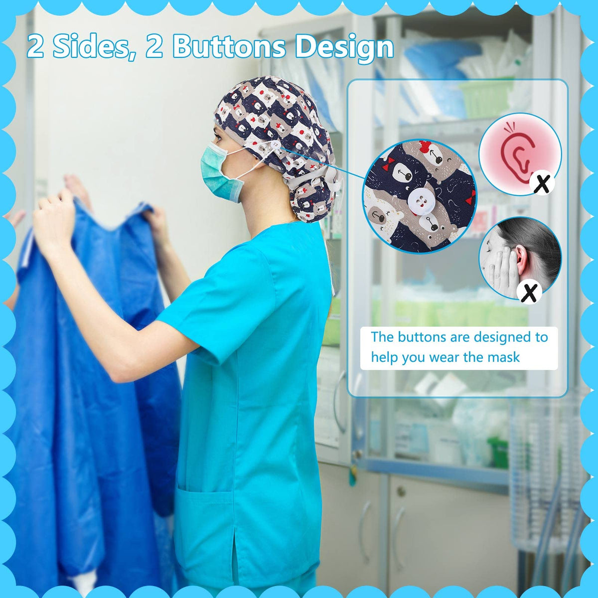 30 Pcs Scrub Caps with Buttons and Ribbon D1669