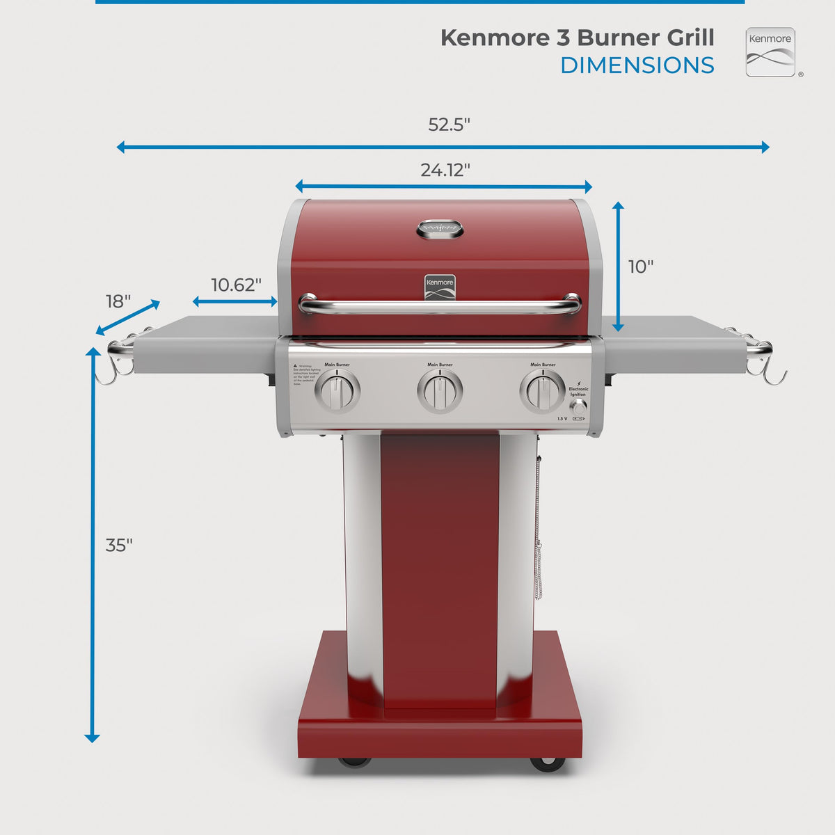 3-Burner Liquid Propane Gas Grill with Folding Sides, Wheels, 30000 BTU, Red P284