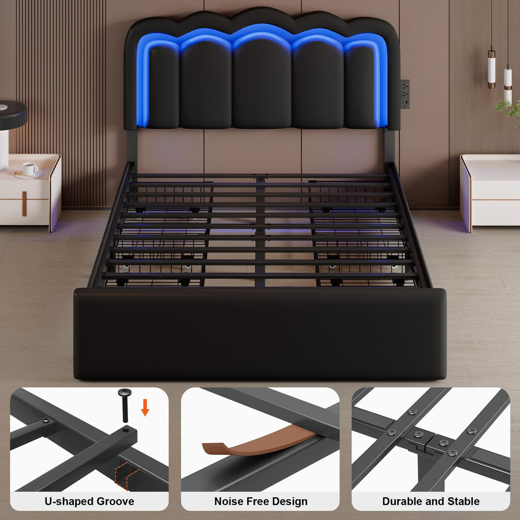 Full Size Bed Frame with LED Lights and Storage Drawers, Black R2490