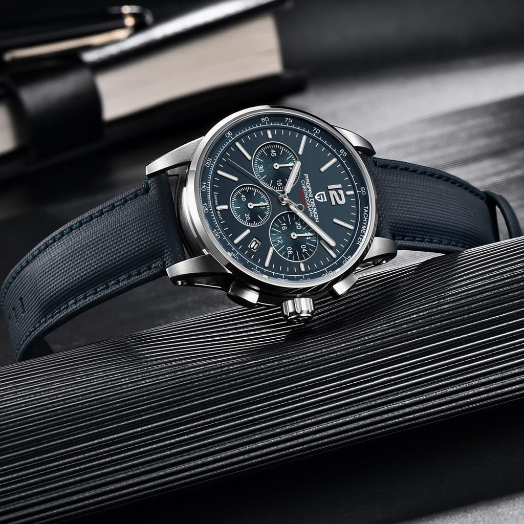 Men's Quartz Chronograph Watch, 100M Water Resistant Stainless Steel, Sapphire Glass, Nylon Strap E169