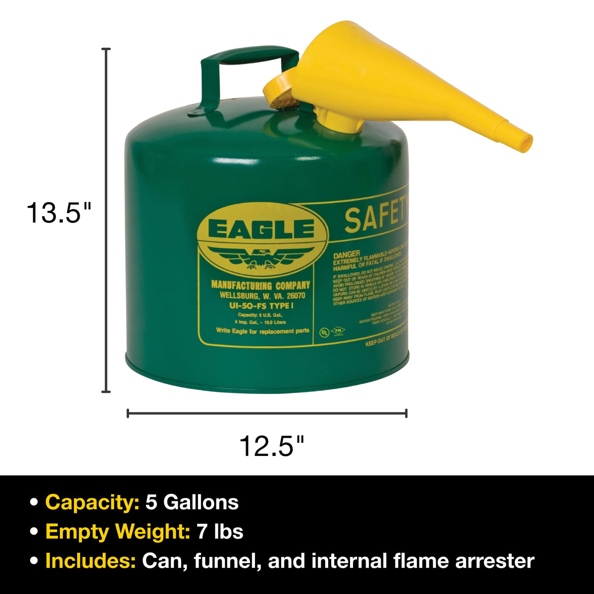 5 Gallon Type I Green Safety Gas Can N577