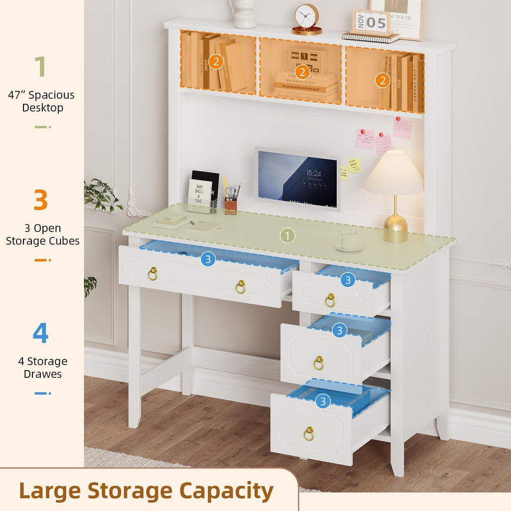 47" White and Gold Desk with Hutch and 4 Drawers X15545