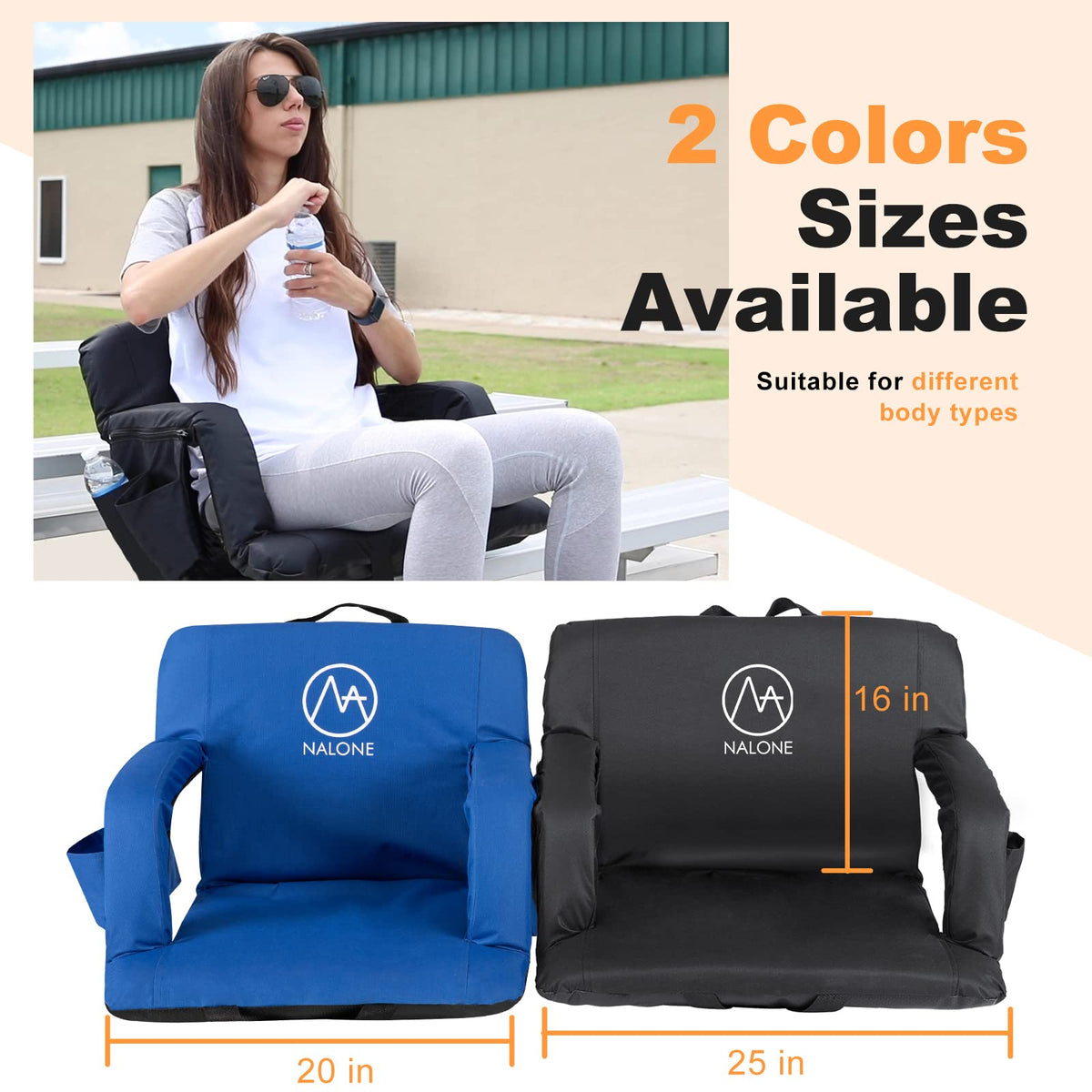 Folding Stadium Seat Set of 2, 25 inch Wide Black H619